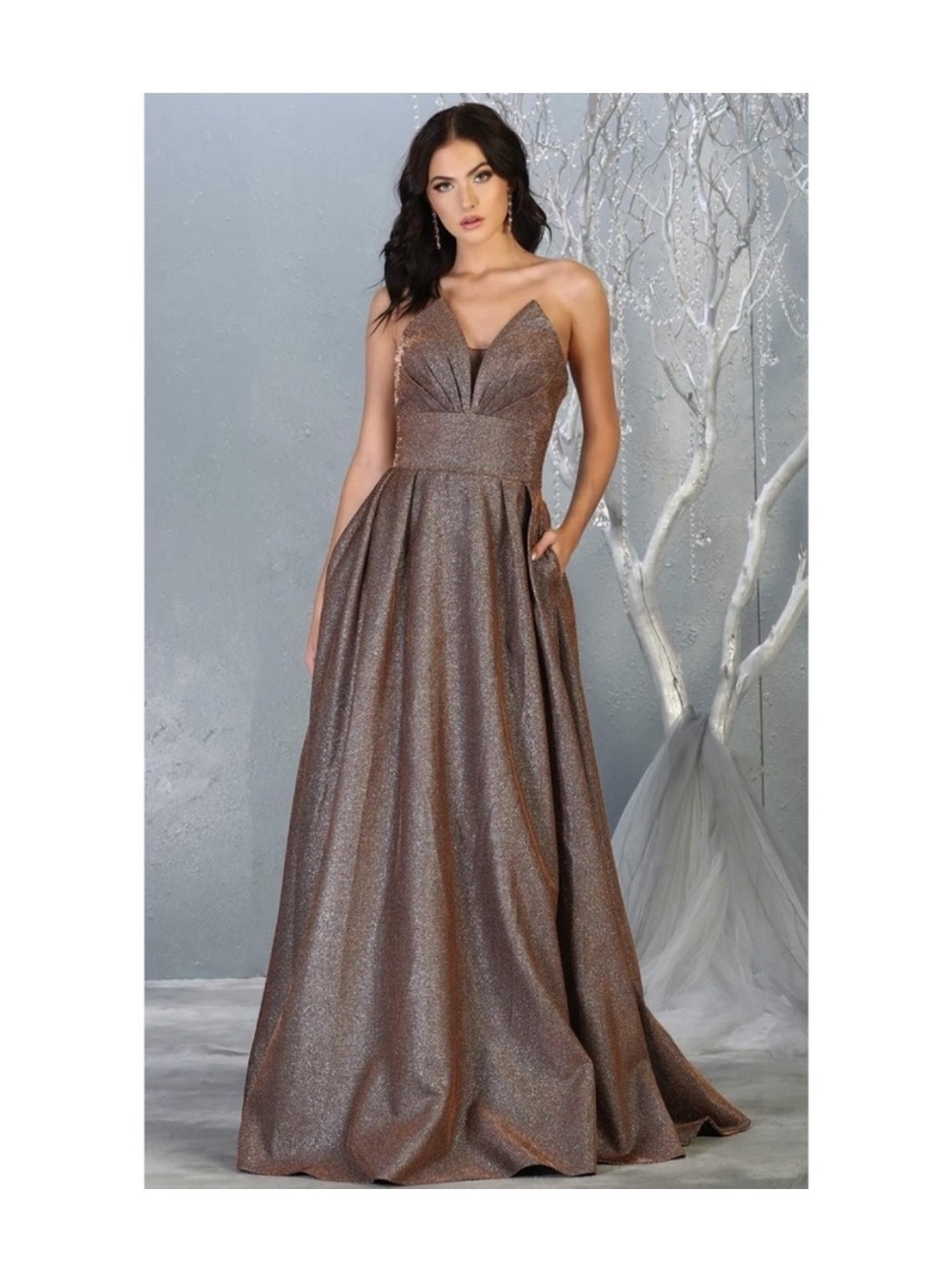 May Queen Size 4 Brown Sparkly Metallic A Line Gown with Gold Sparkles Nwt